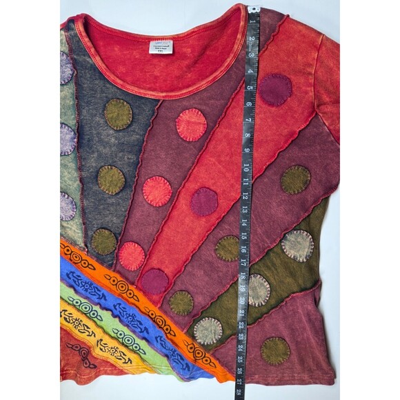 Greater Good Patchwork Boho Top XXL Red Colorful Rainbow Artsy Hippie Raw Edge - Picture 10 of 14